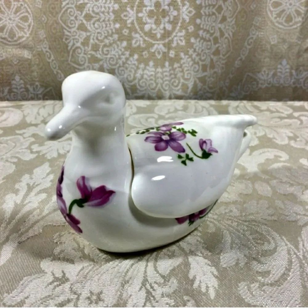 Vintage Genuine Bone China Duck with Purple Floral Design Trinket Box